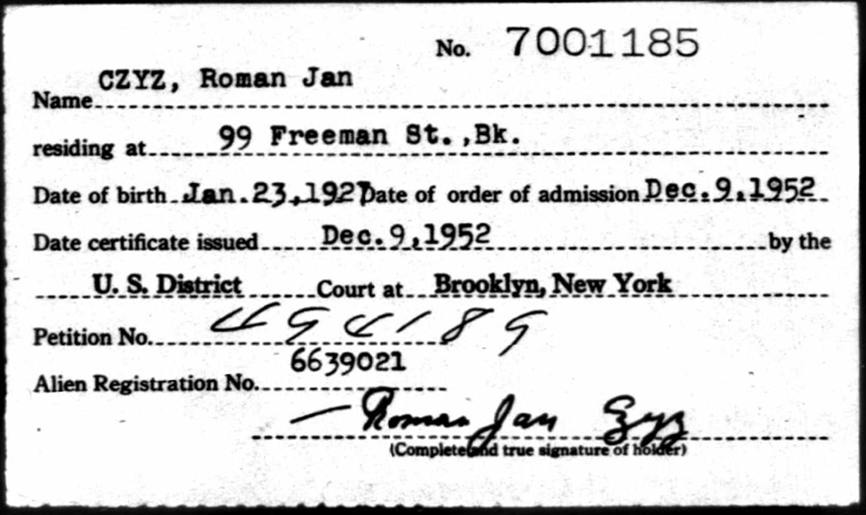 Certificate of naturalization issued December 9, 1952