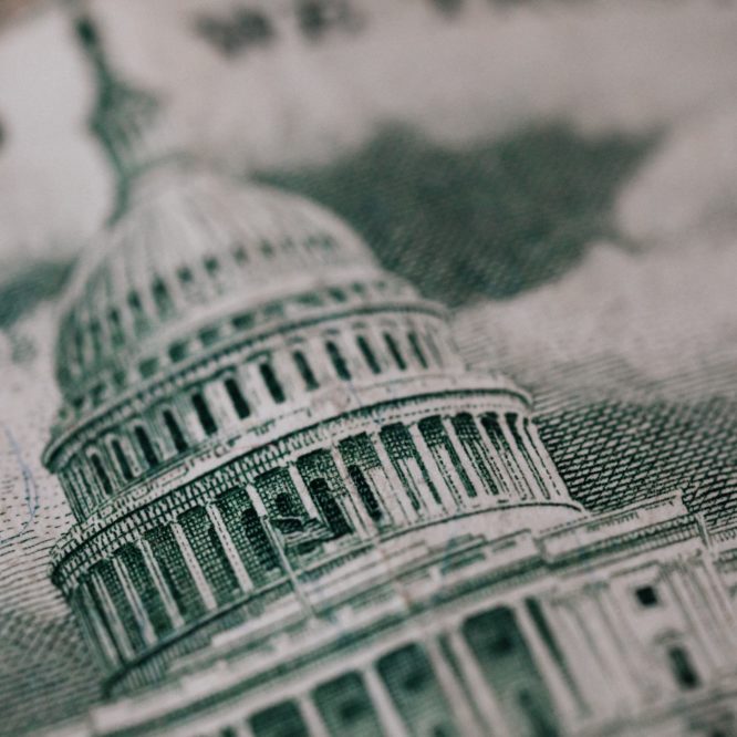 Close-up of illustration of the U.S. Capitol building as printed on the back of the $50 bill