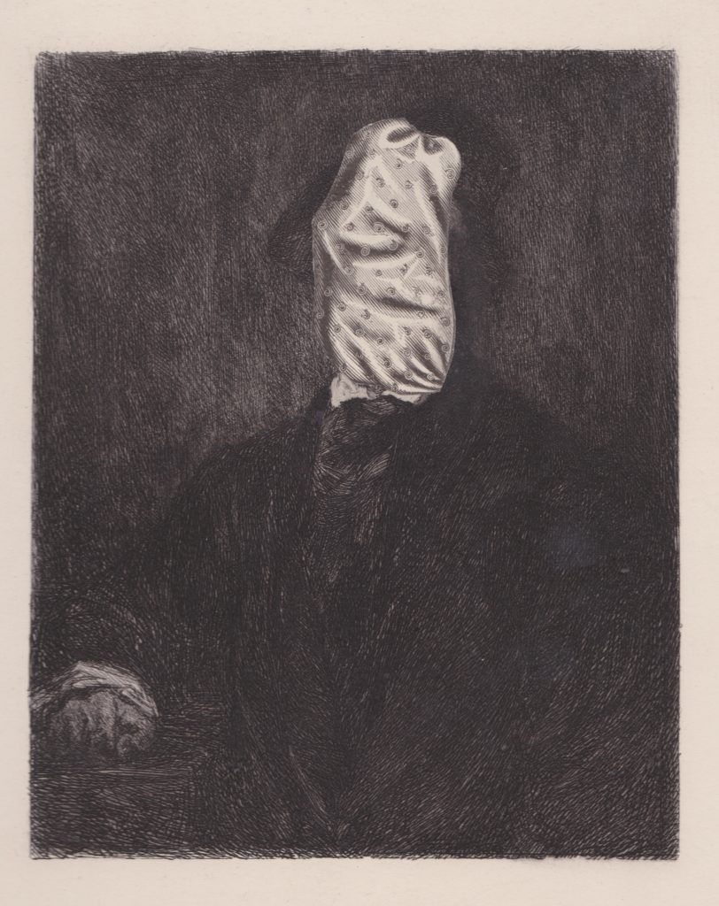 Old-fashioned sepia illustration of a seated man in a dark coat with a white bag over his head