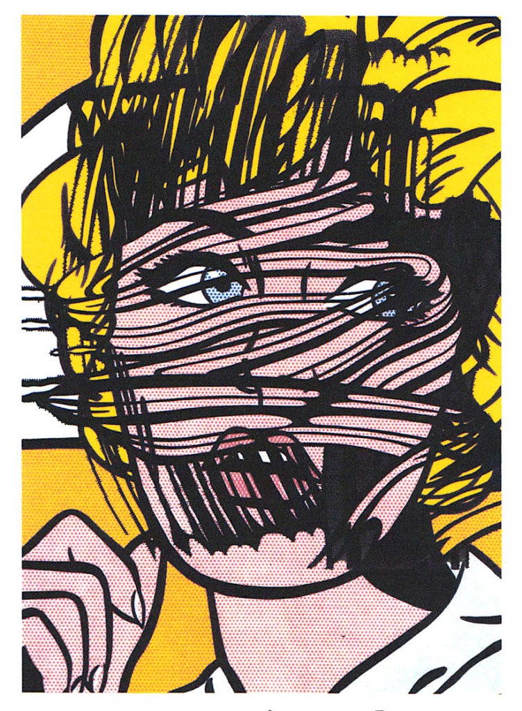 Comic illustration of a blonde woman's headshot with black scribbles over her face.