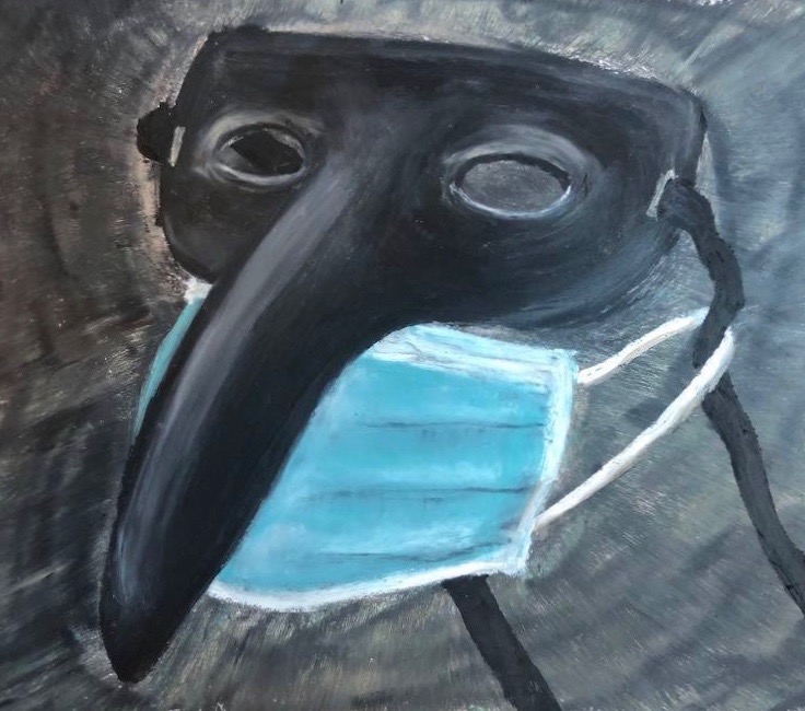A black venetian face mask with a beaklike nose suspended over a blue surgical mask.