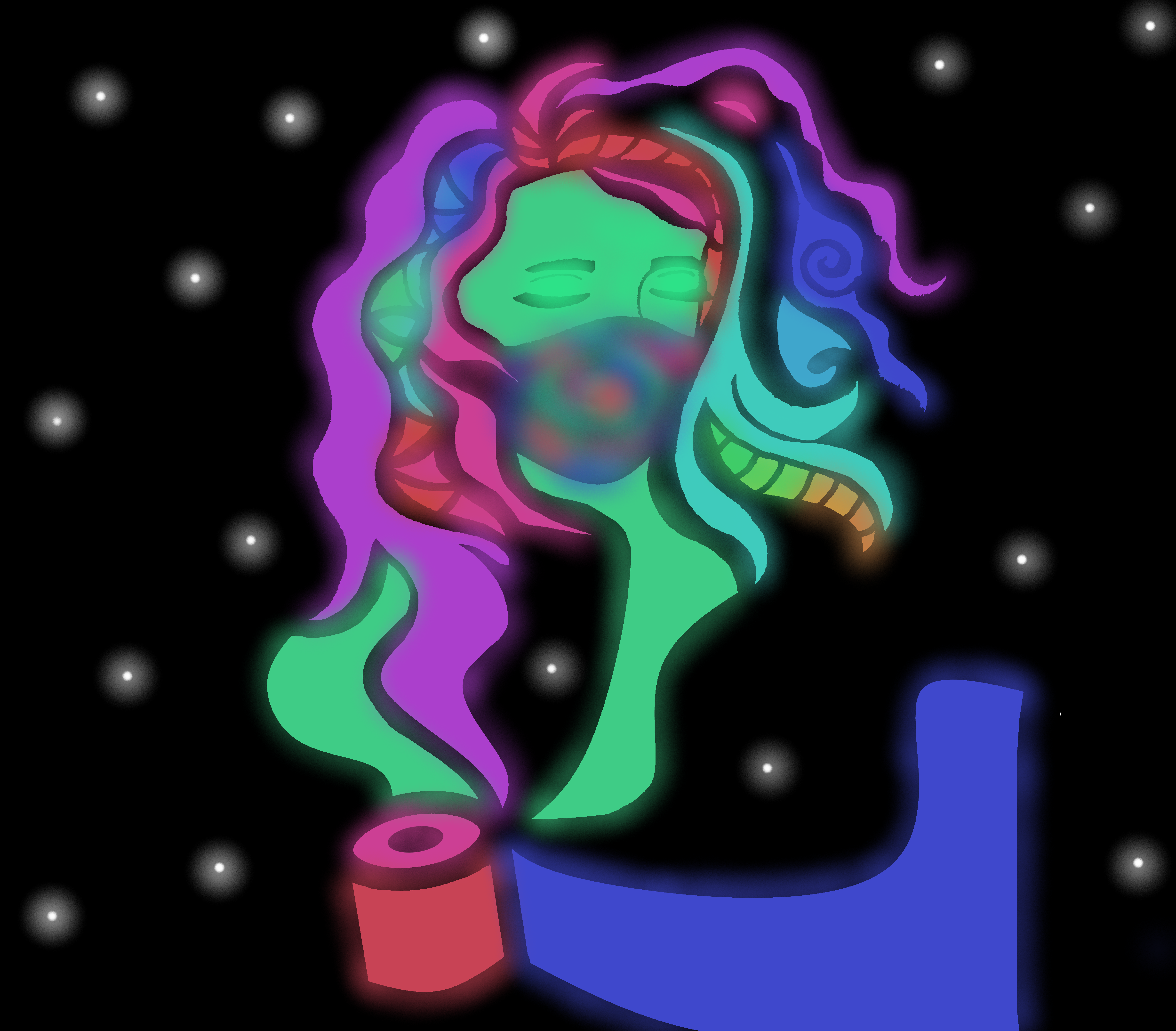 Digital illustration of a woman in a mask in green, blue, and pink over a black background with stars