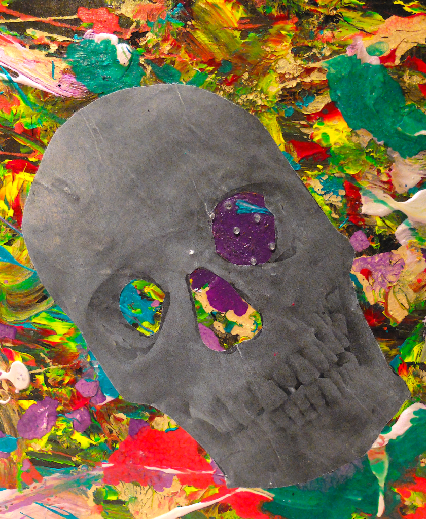 Collage of a skull over a background of colorful paint splatters.
