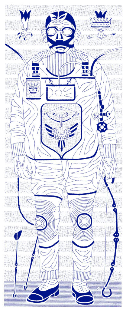 Blue and white illustration of an archer in a gas mask
