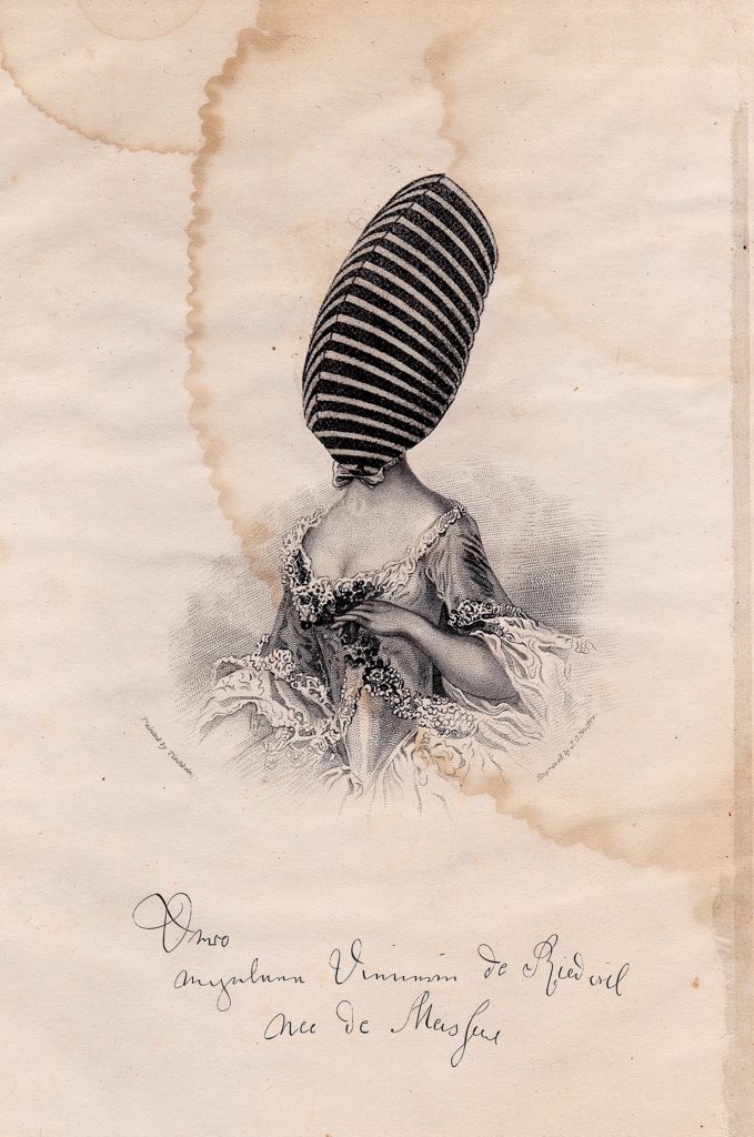 Illustration on stained, old paper of a woman in an 18th century dress wearing a tall, black and white striped bag over her head