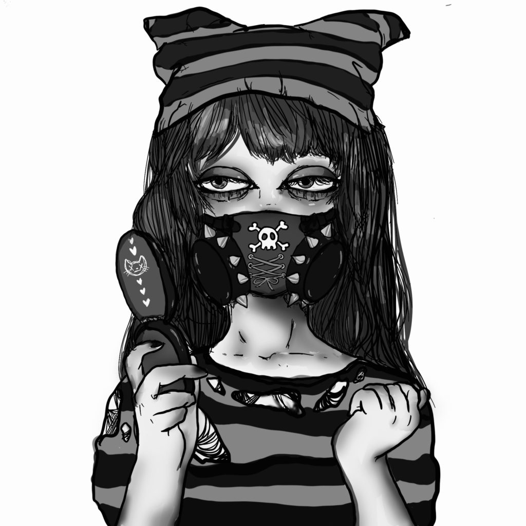 Black and white illustration of a girl wearing a face mask.