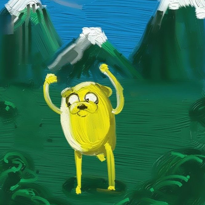 Painting of Jake the Dog from Adventure Time standing triumphantly in front of some mountains.